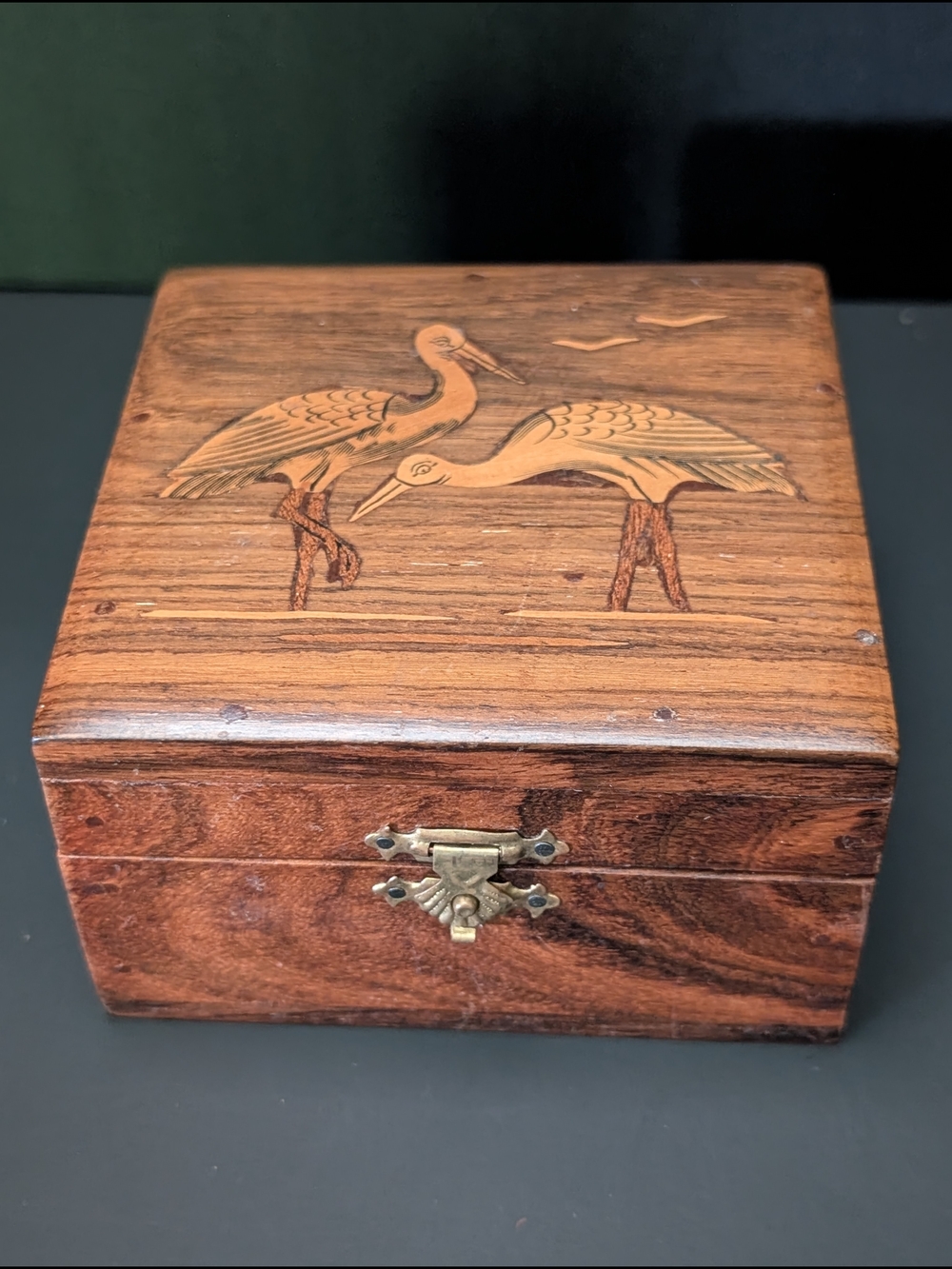 Vintage wooden hinged trinket box with inlaid cranes.  5-2026